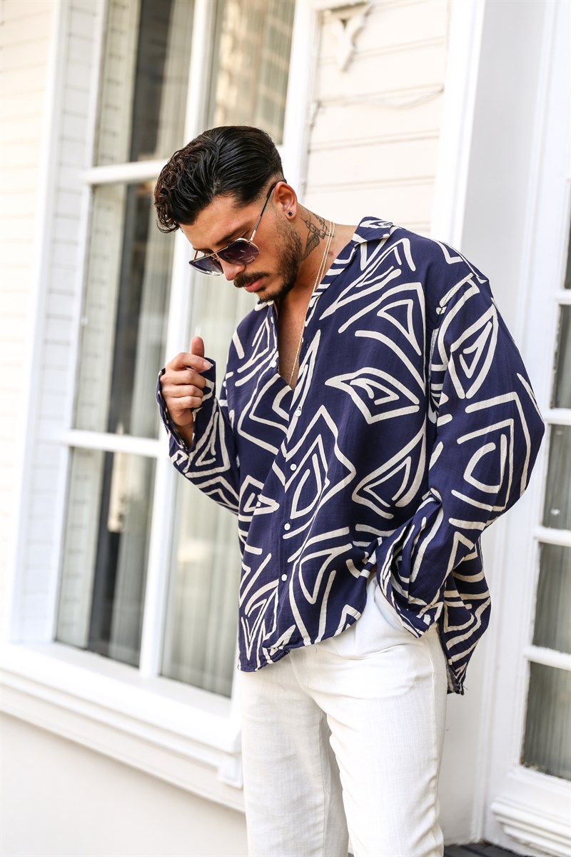 Apaç Yaka Desenli  Oversize Gömlek