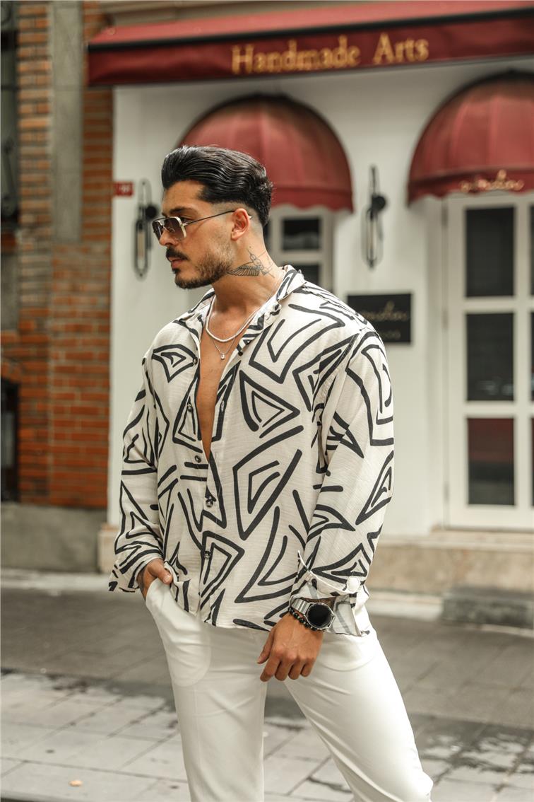 Apaç Yaka Desenli Oversize Gömlek Krem