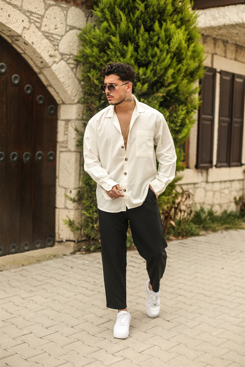 Arka Pileli Keten Oversize Gömlek