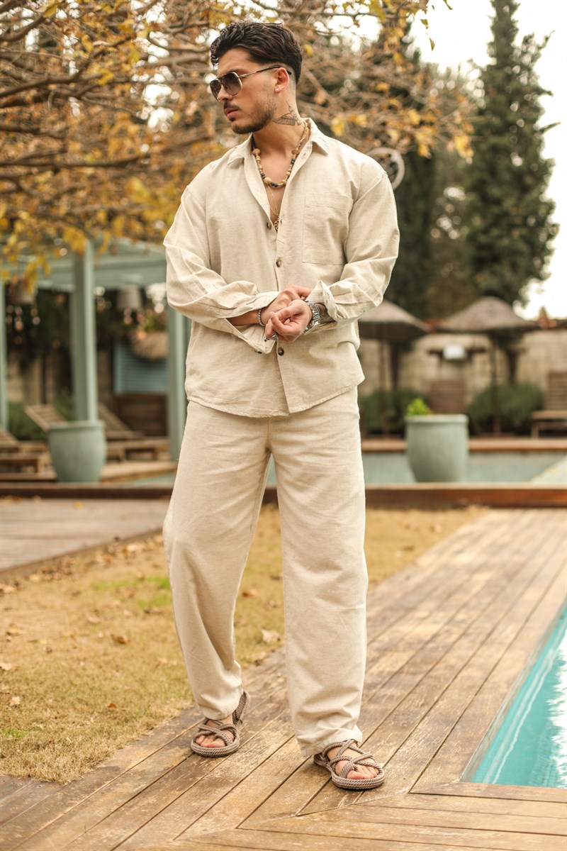 Arka Pileli Keten Oversize Gömlek