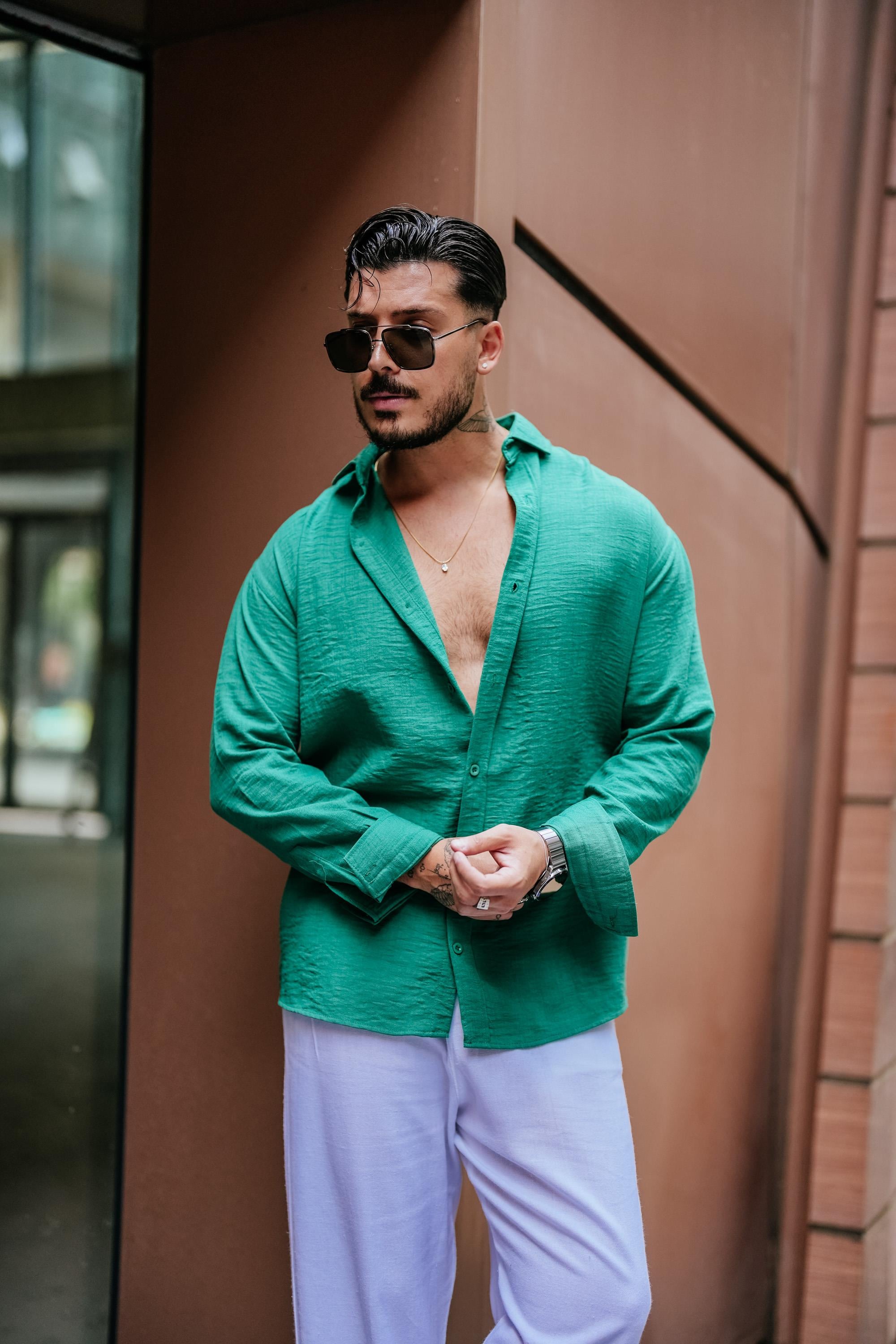 Arka Pileli Oversize Keten Gömlek Koyu Yeşil