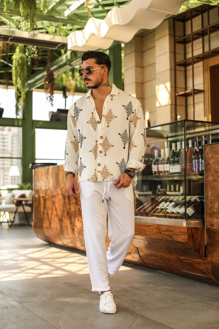 Arkası Uzun Müslin Desenli İnce Oversize Gömlek Hardal