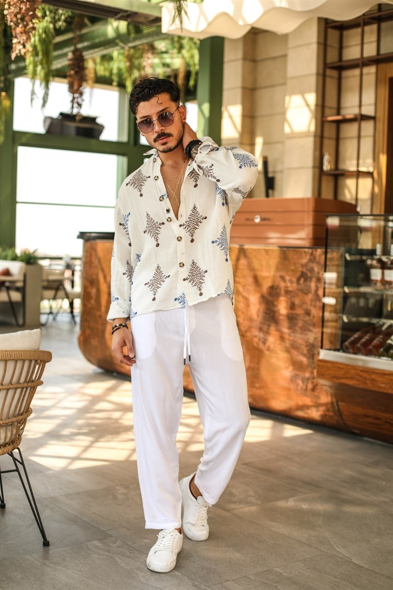 Arkası Uzun Müslin Desenli İnce Oversize Gömlek