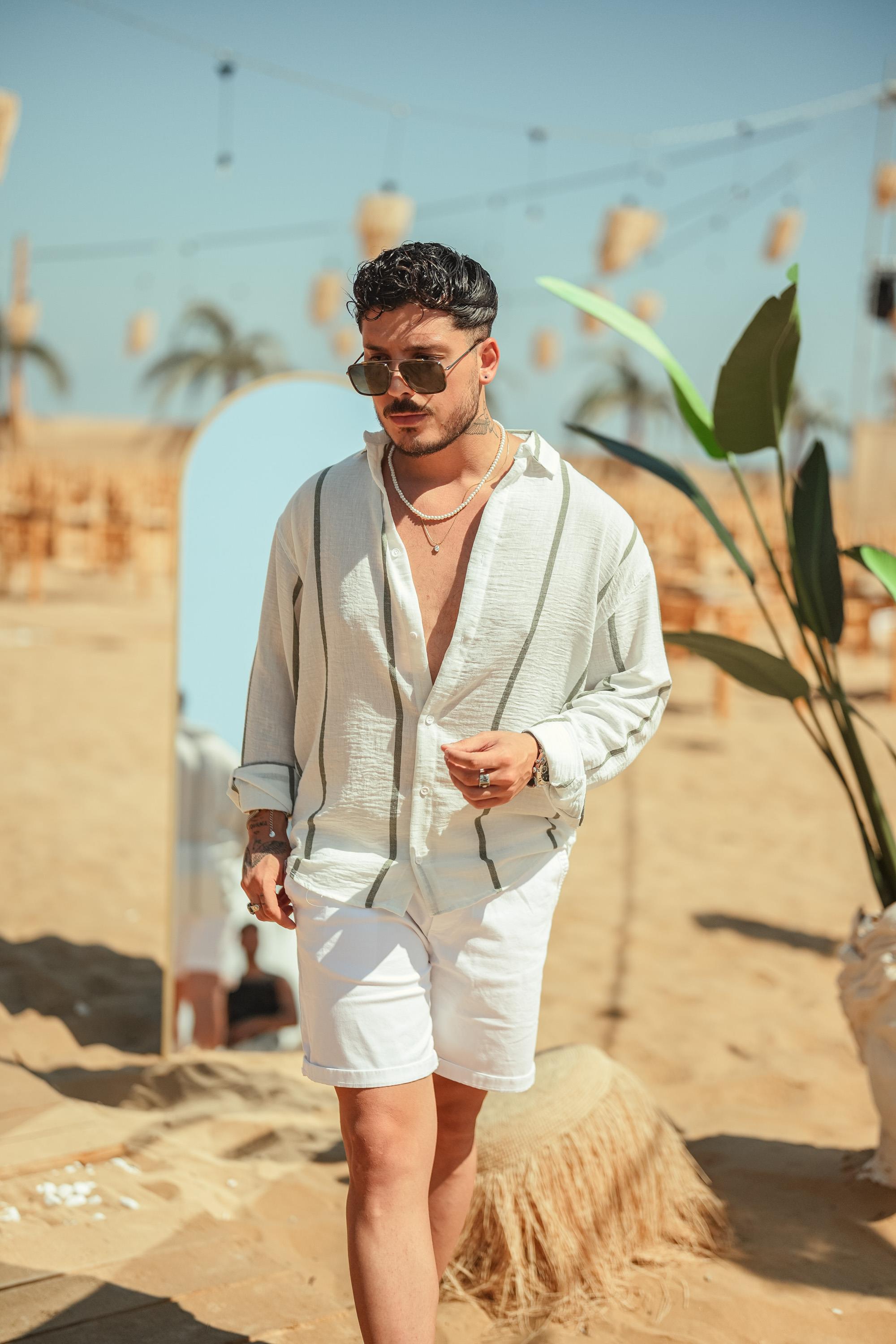 Asimetrik Çizgili Oversize Gömlek Haki