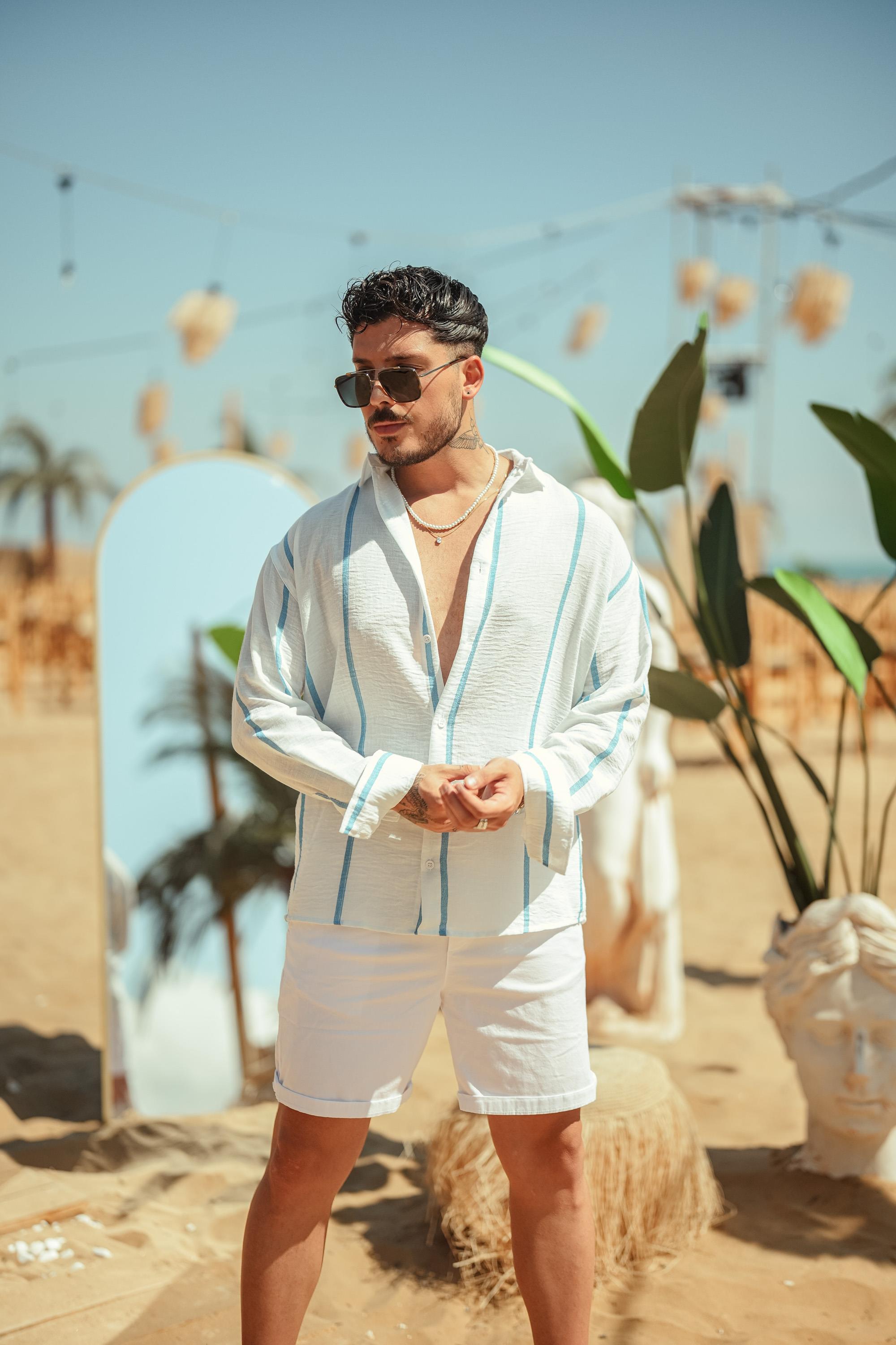Asimetrik Çizgili Oversize Gömlek Mavi