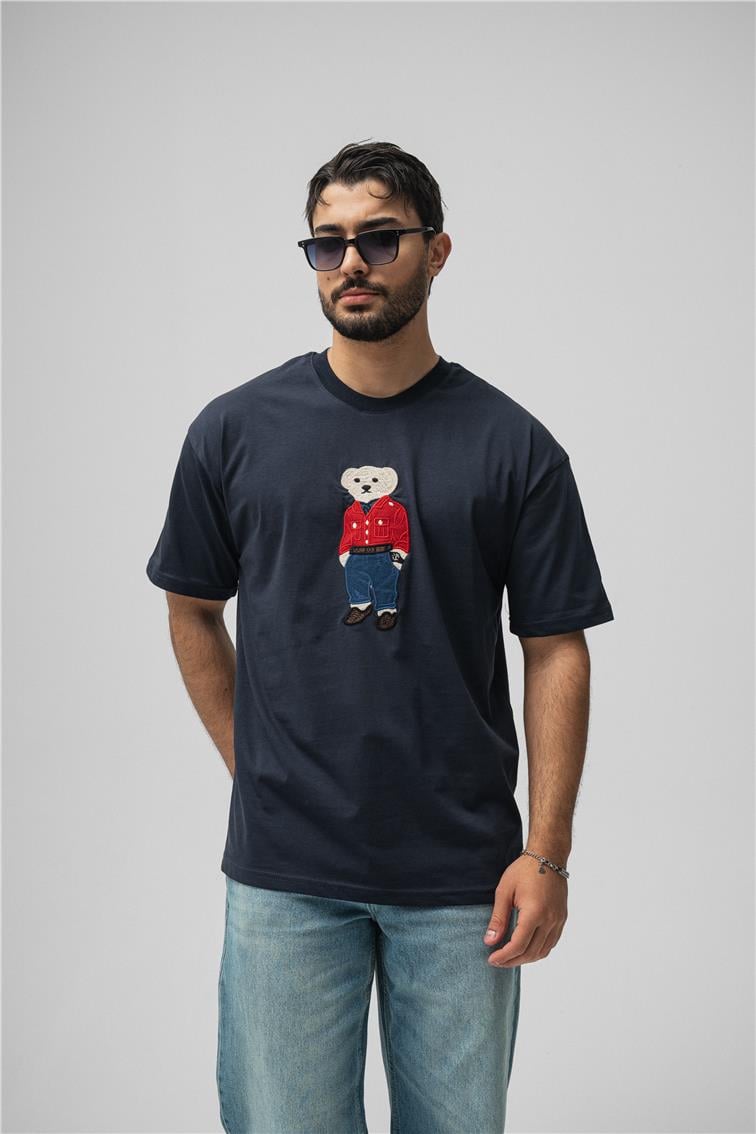 Ayı Baskılı Oversize T-Shirt Lacivert