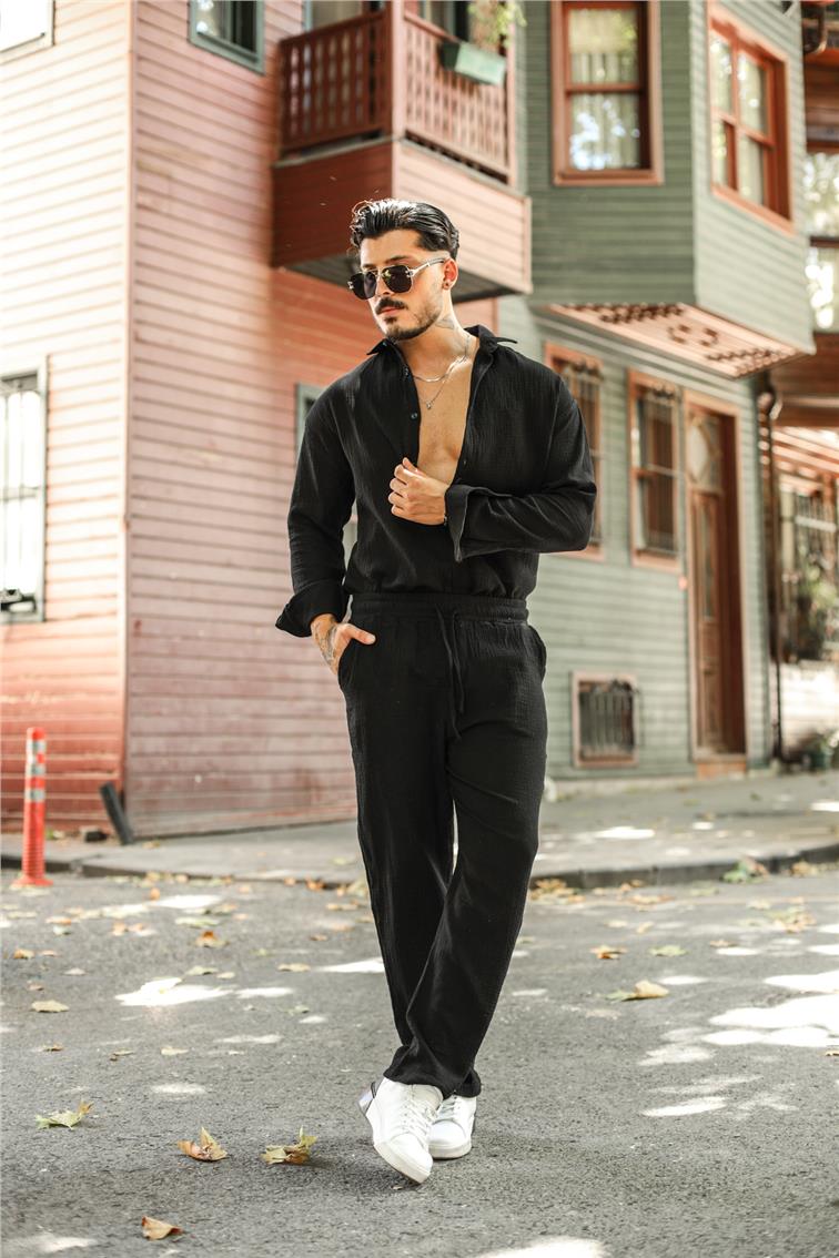 Baggy Bel Bağlamalı Müslin Pantolon Siyah