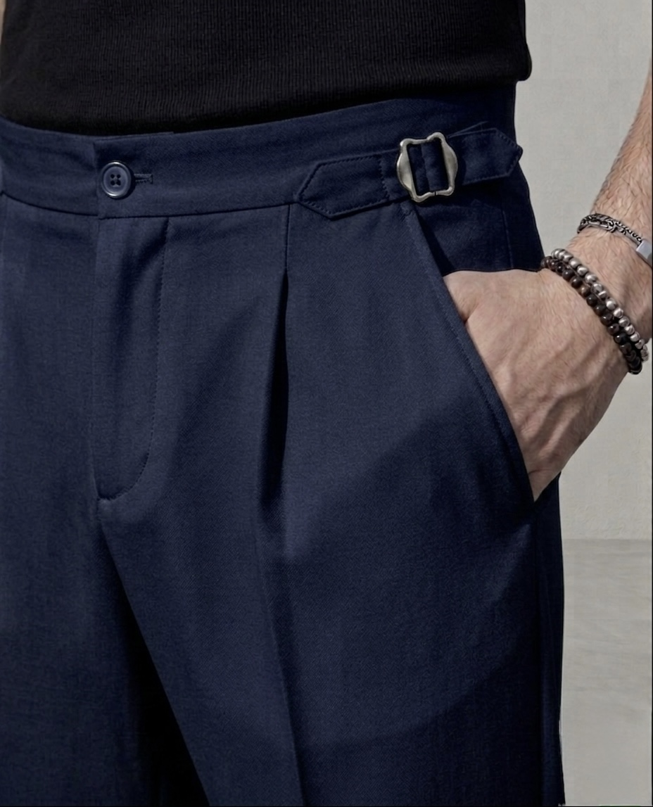 Baggy Kendinden Kemerli Kumaş Pantolon Lacivert