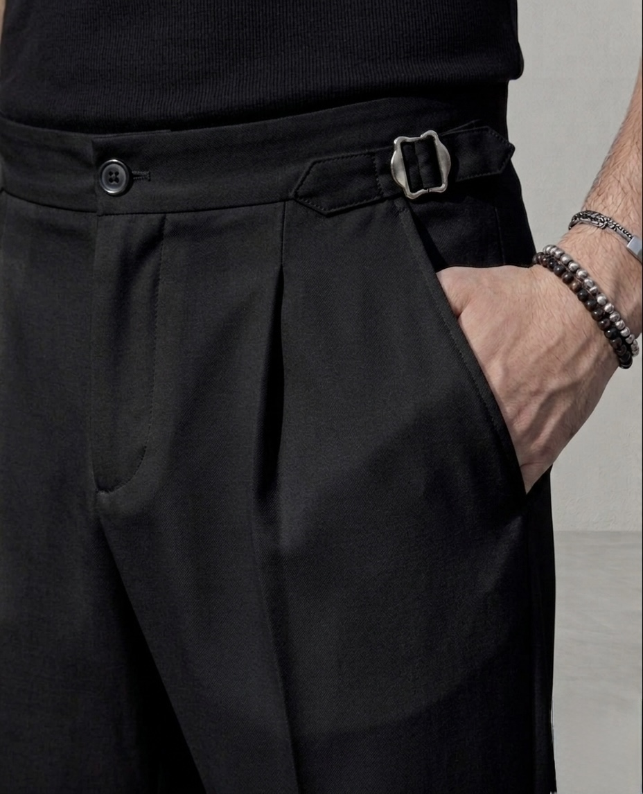 Baggy Kendinden Kemerli Kumaş Pantolon Siyah