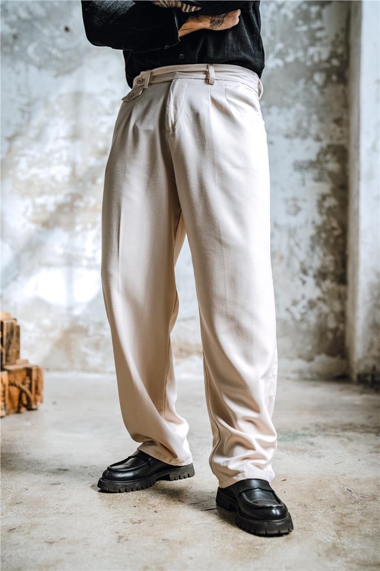 Baggy Pileli Rahat Klasik Pantolon Bej