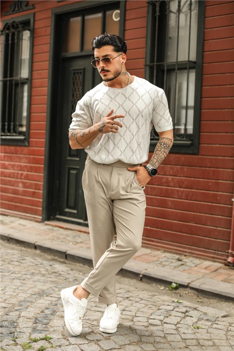 Baklava Desen Oversize T-Shirt Beyaz