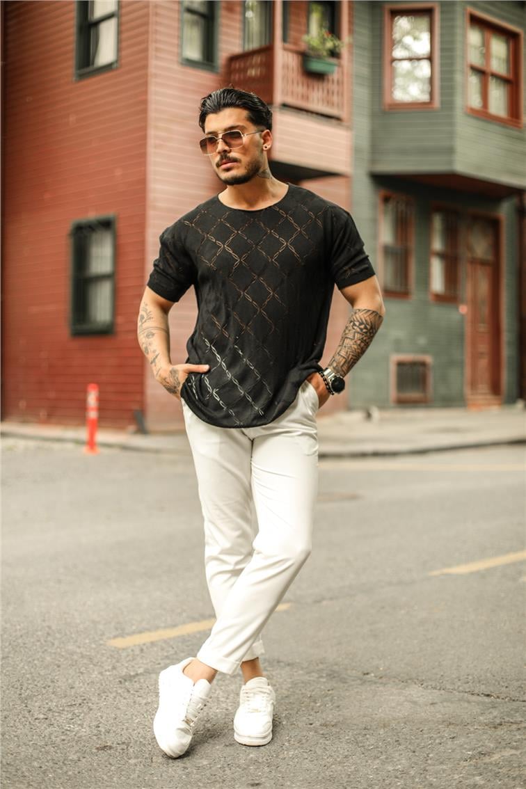 Baklava Desen Oversize T-Shirt Siyah