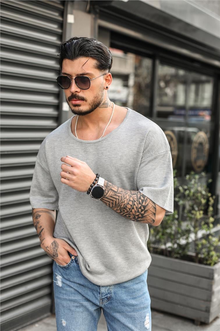 Basic Açık Yaka Oversize T-Shirt Gri