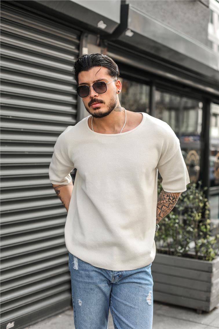 Basic Açık Yaka Oversize T-Shirt Krem