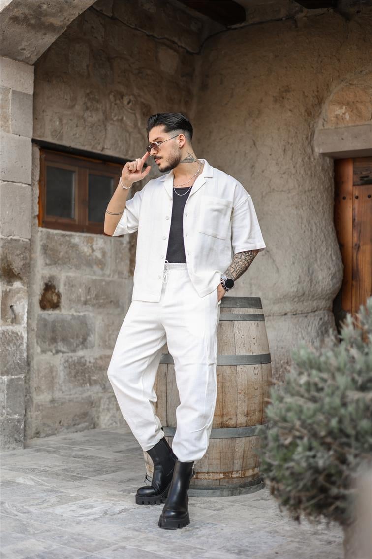 Basic Boyfriend Bel Bağlamalı Pantolon Beyaz