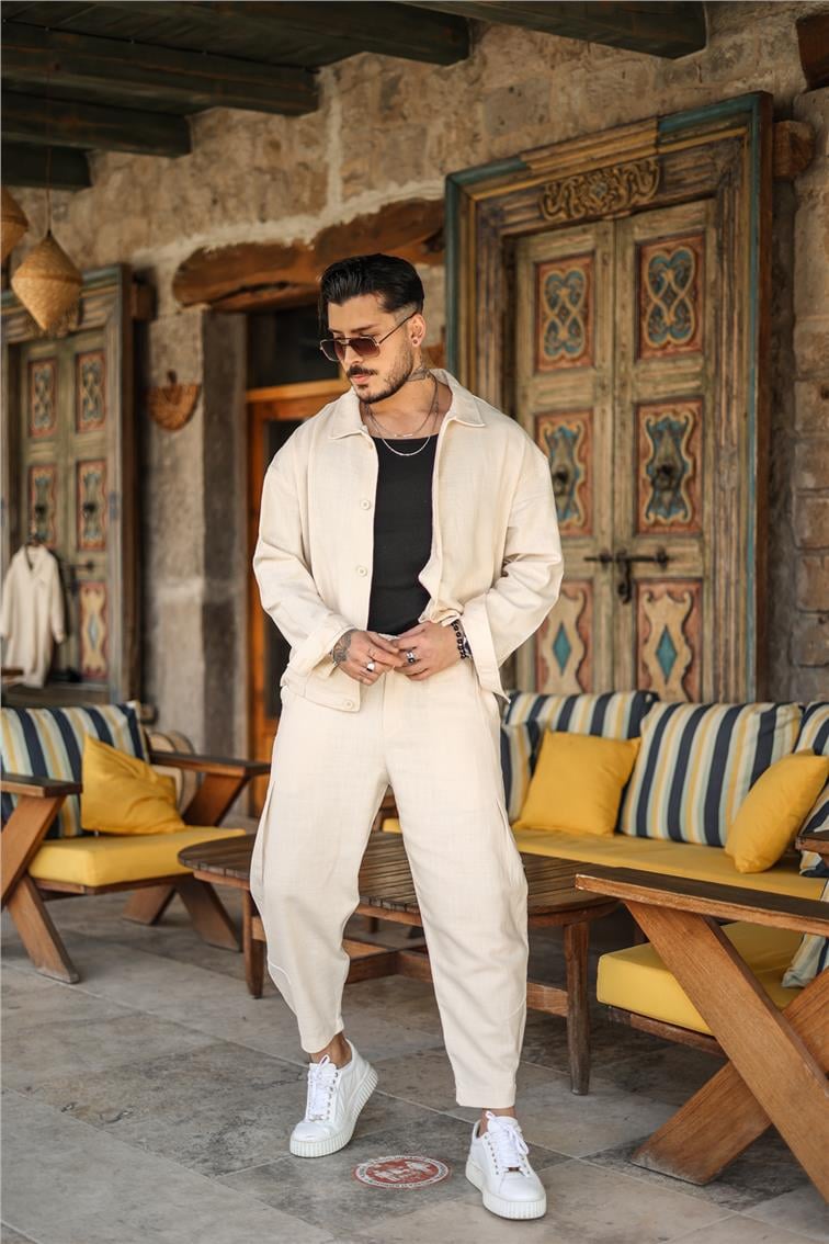 Basic Boyfriend Bel Bağlamalı Pantolon Ekru