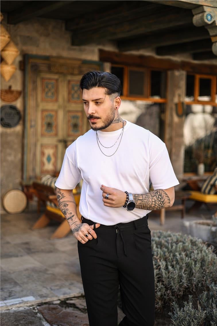 Basic Çizgi Detaylı Slim Fit T-Shirt Beyaz