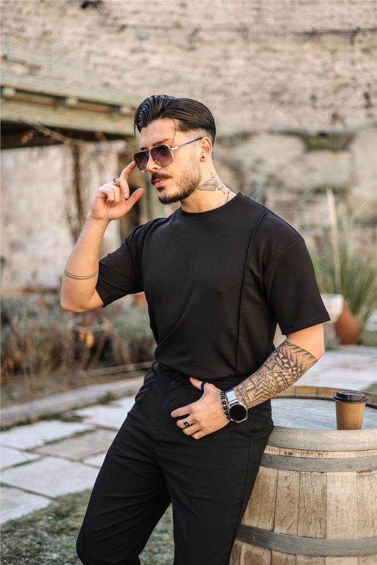 Basic Çizgi Detaylı Slim Fit T-Shirt Siyah