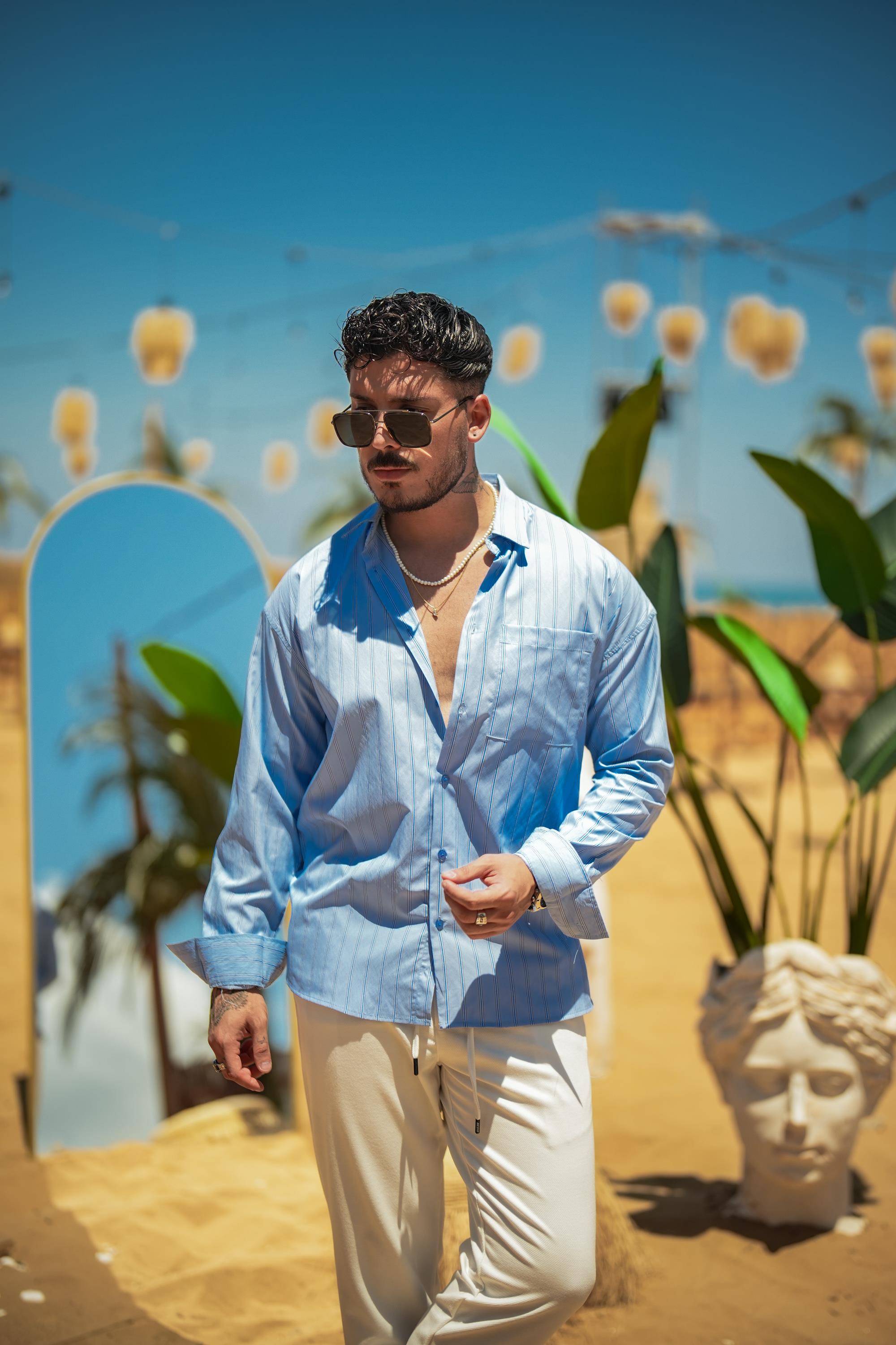 Basic Çizgili Oversize Gömlek Açık Mavi