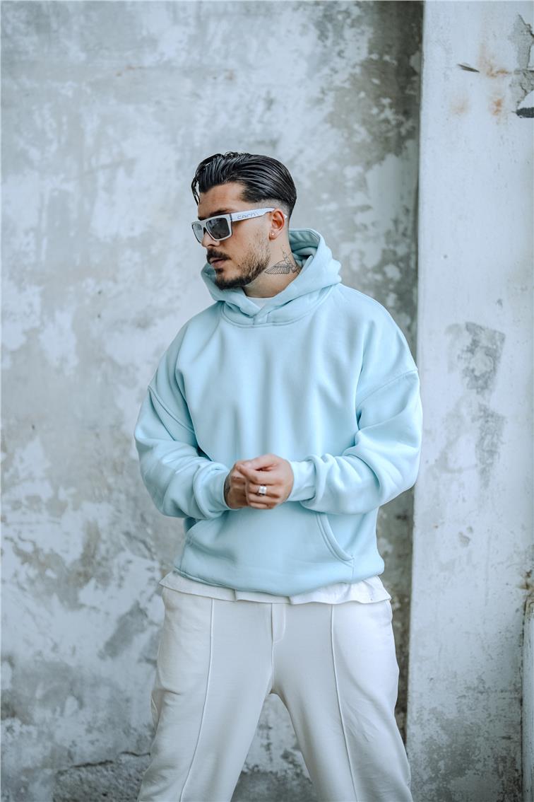 Basic Kapüşonlu Oversize Hoodie Bebe Mavisi