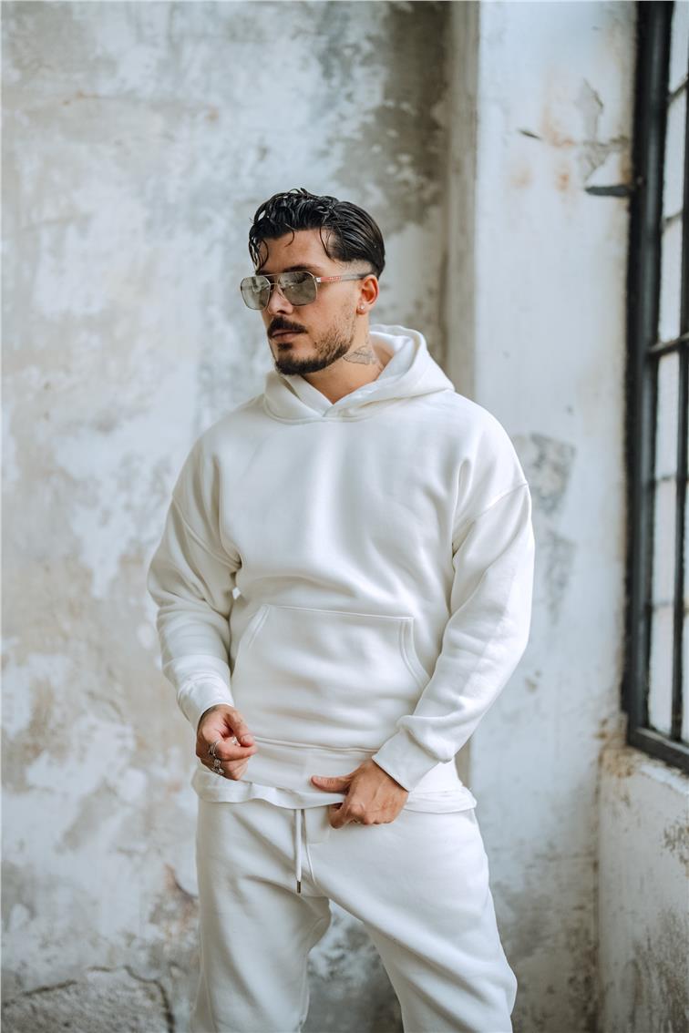 Basic Kapüşonlu Oversize Hoodie Beyaz