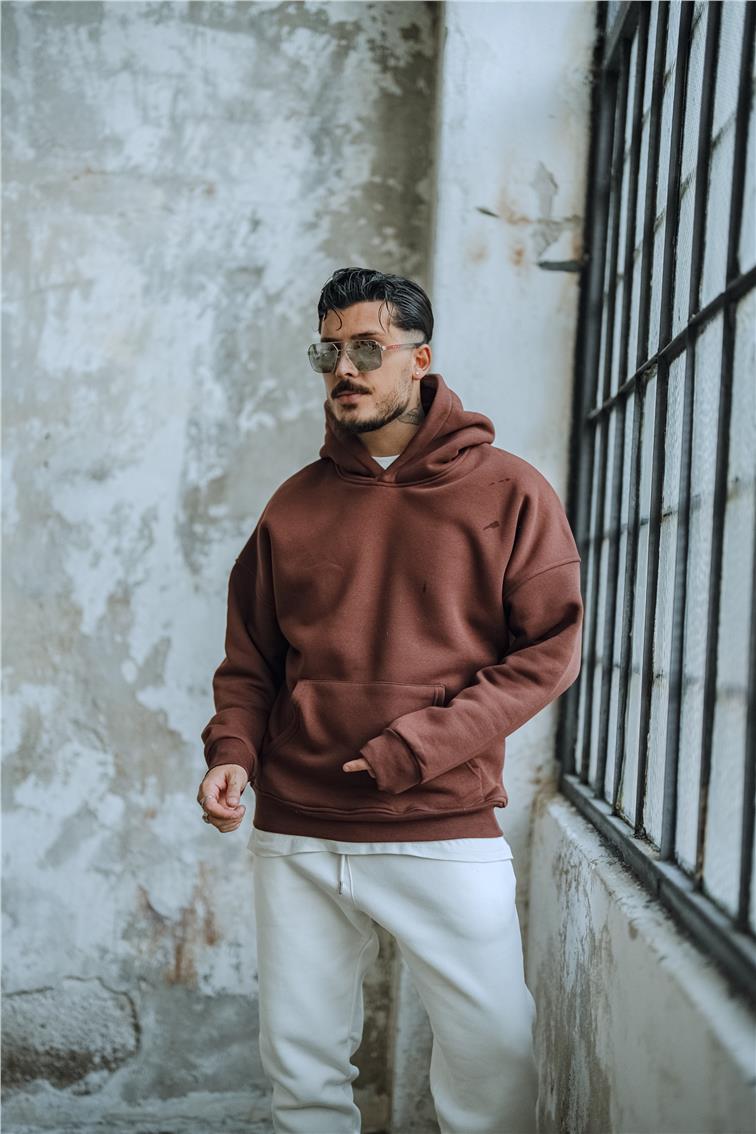 Basic Kapüşonlu Oversize Hoodie Kahve