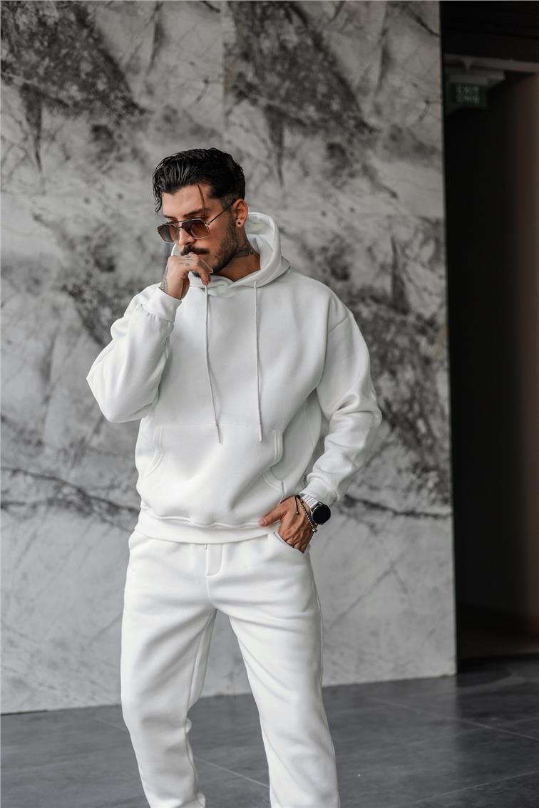 Basic Kapüşonlu Oversize Sweatshirt Beyaz
