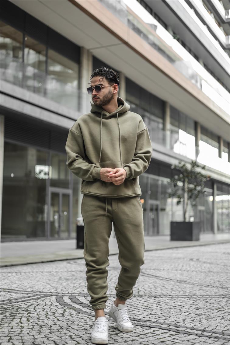 Basic Kapüşonlu Oversize Sweatshirt Haki