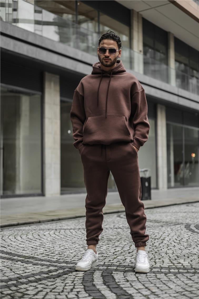 Basic Kapüşonlu Oversize Sweatshirt Kahve