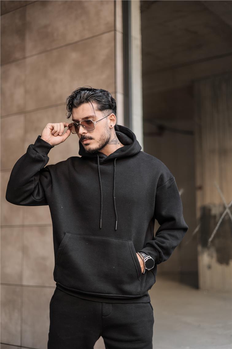 Basic Kapüşonlu Oversize Sweatshirt Siyah
