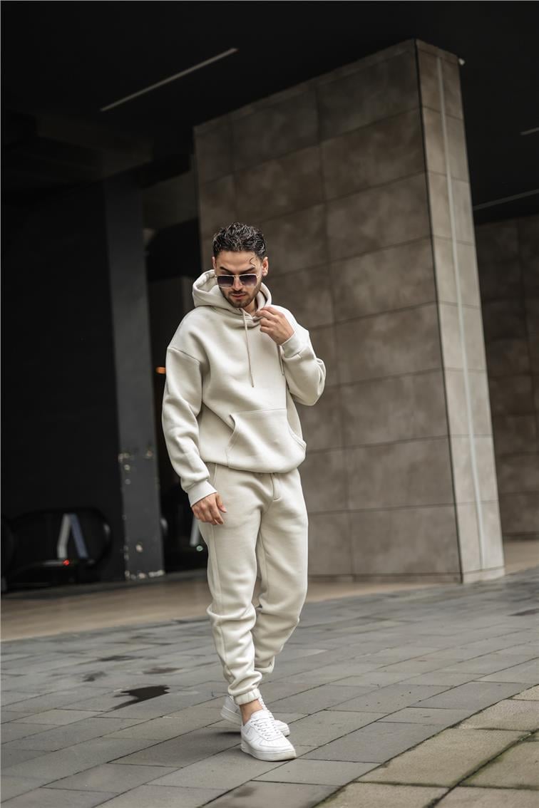 Basic Kapüşonlu Oversize Sweatshirt Taş