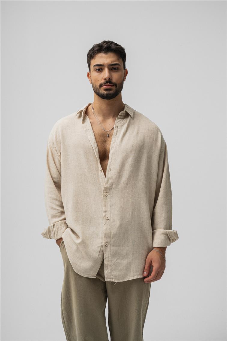 Basic Keten Oversize Gömlek Bej