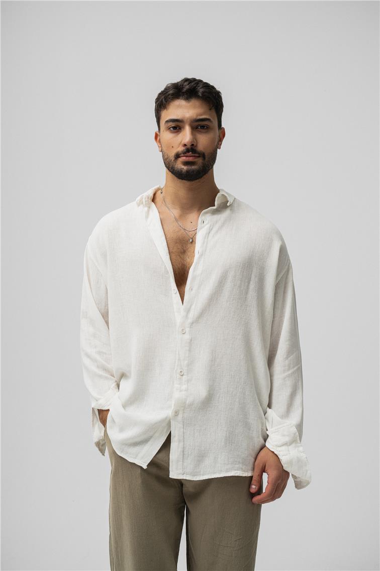 Basic Keten Oversize Gömlek Beyaz
