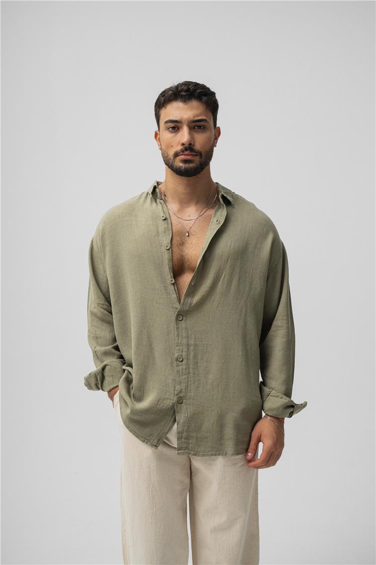 Basic Keten Oversize Gömlek Haki