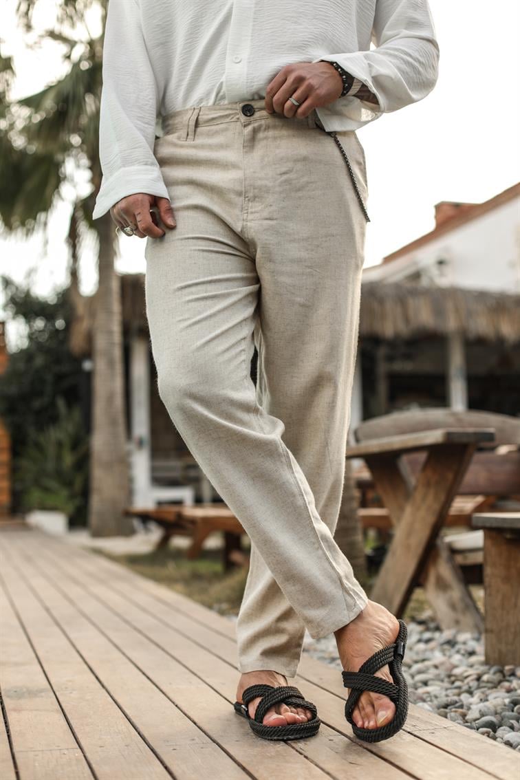 Basic Keten Pantolon Bej