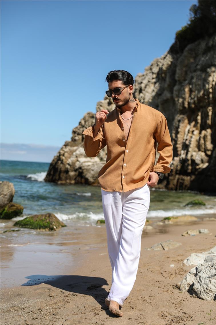 Basic Keten Yaka Düğmeli Oversize Gömlek Kahve