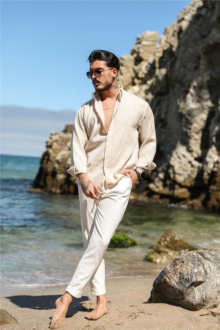 Basic Keten Yaka Düğmeli Oversize Gömlek Bej