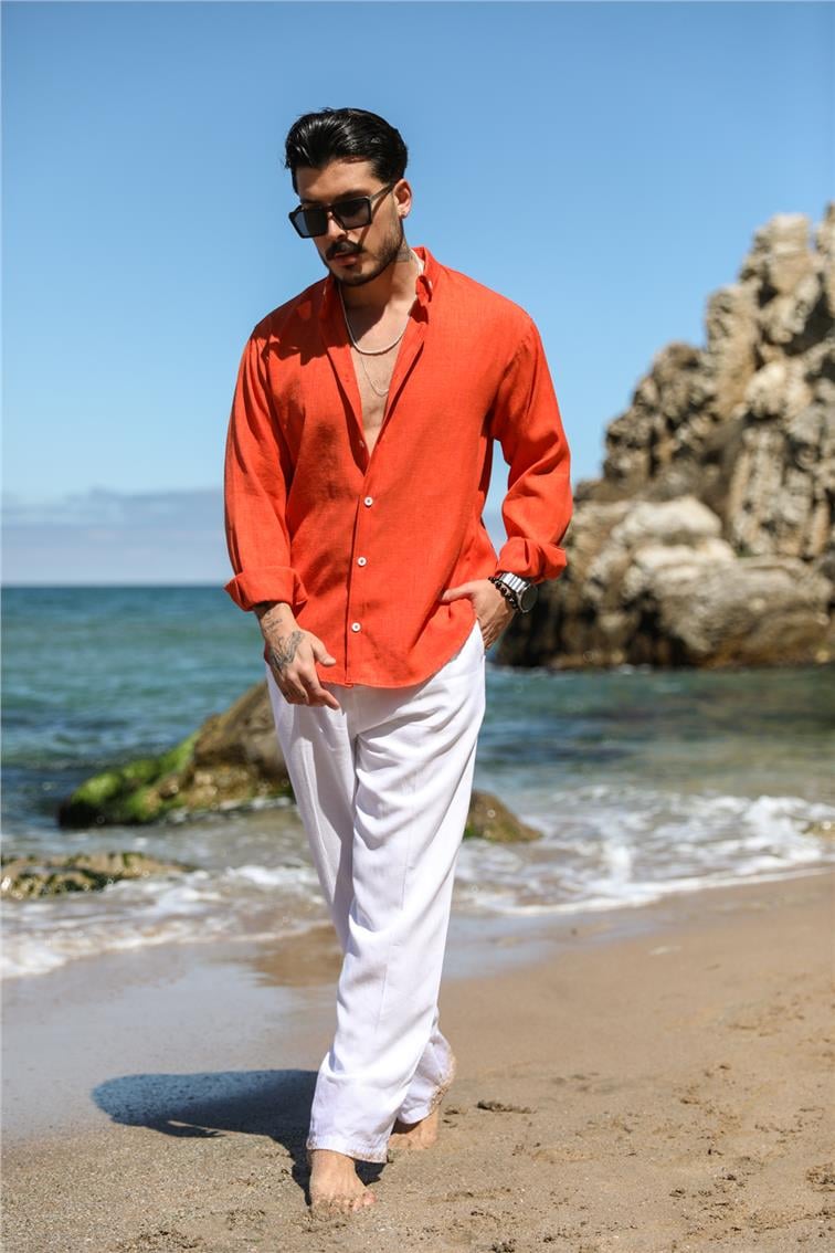 Basic Keten Yaka Düğmeli Oversize Gömlek Kırmızı