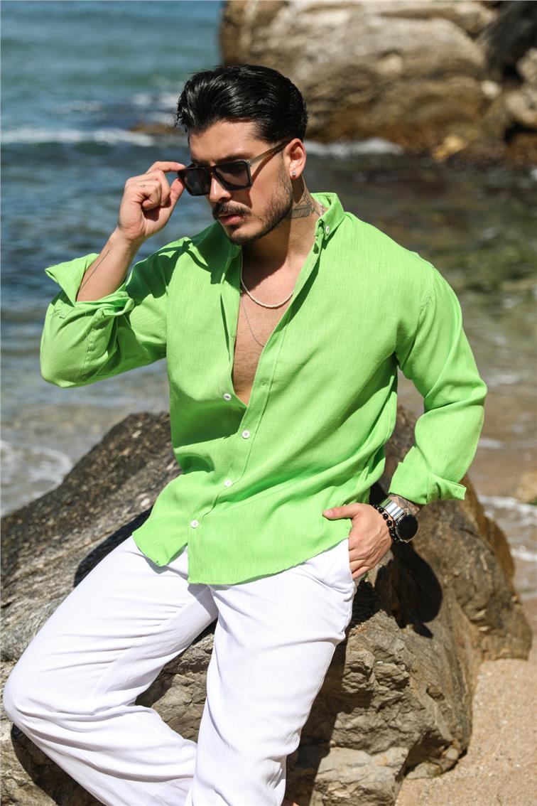 Basic Keten Yaka Düğmeli Oversize Gömlek Yeşil