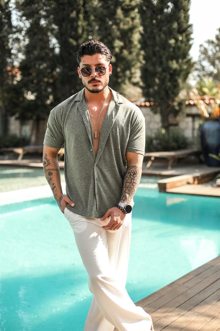Basic Noktalı Oversize Kısa Kol Gömlek Haki