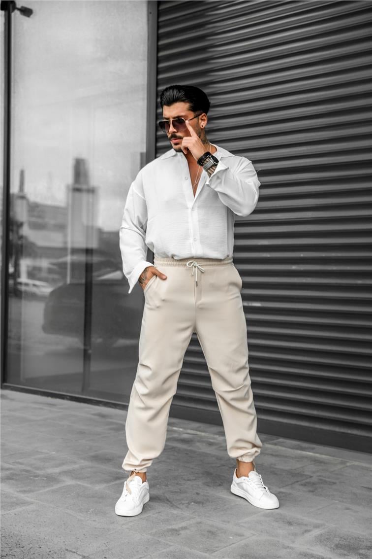 Basic Paçası Kuşak Detaylı Ayarlanabilir Jogger Pantolon Bej