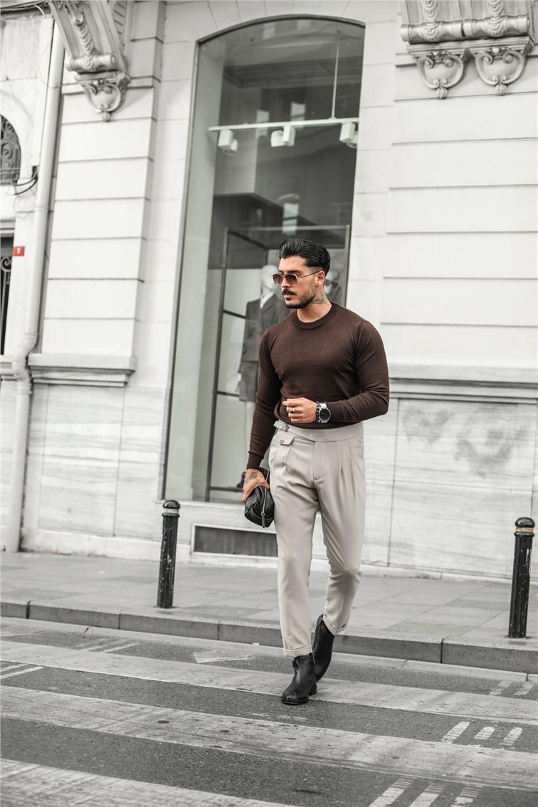 Basic Triko Slim Fit Kazak Acı Kahve