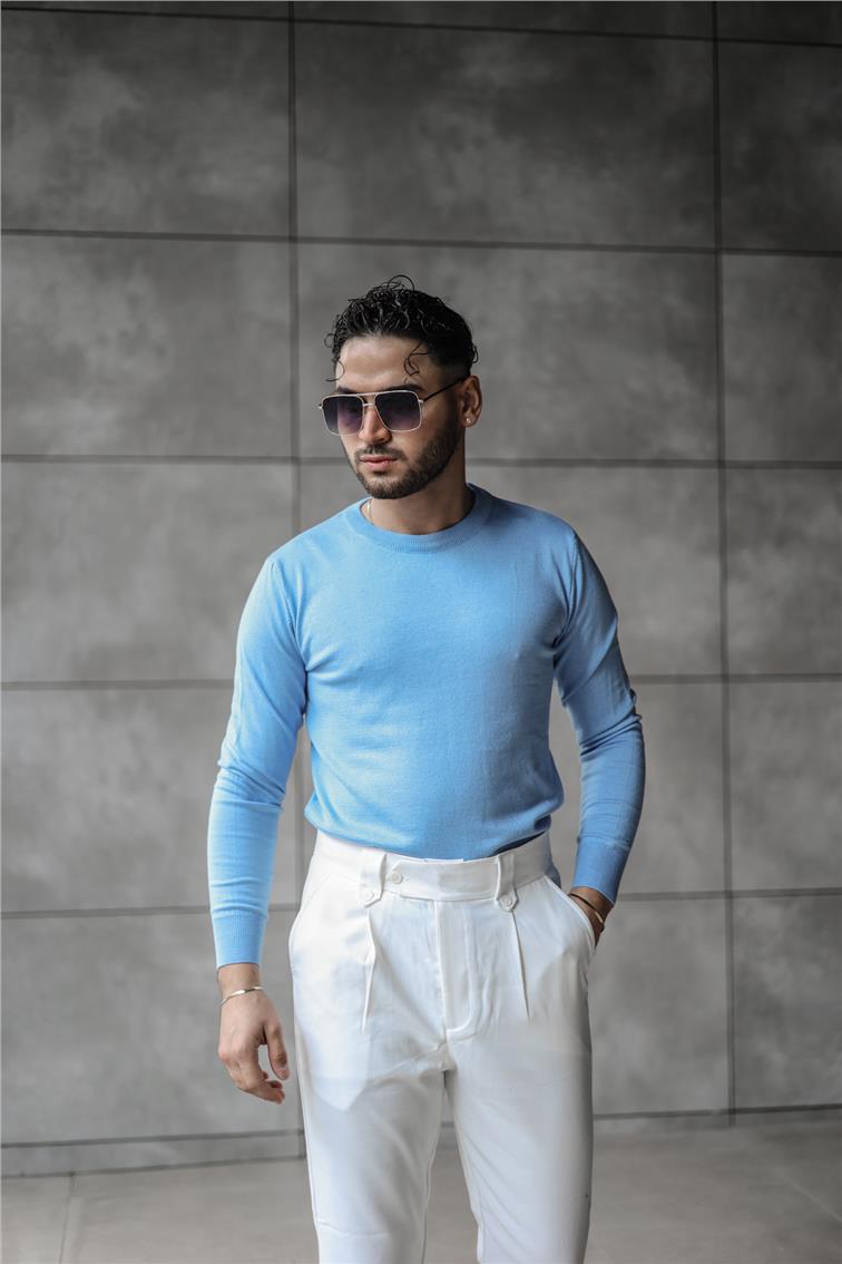 Basic Triko Slim Fit Kazak Açık Mavi