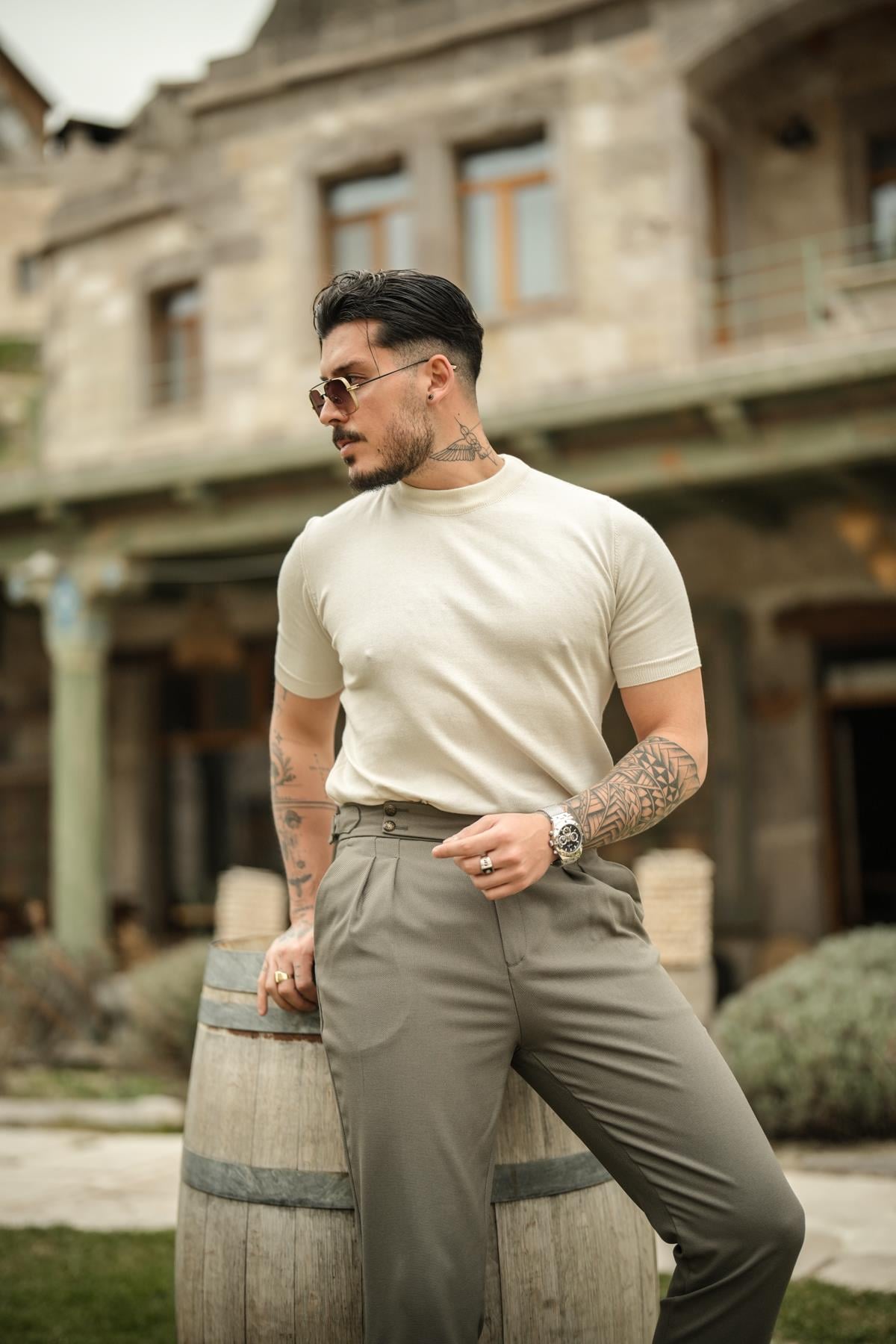 Basic Triko Slim Fit T-Shirt Krem