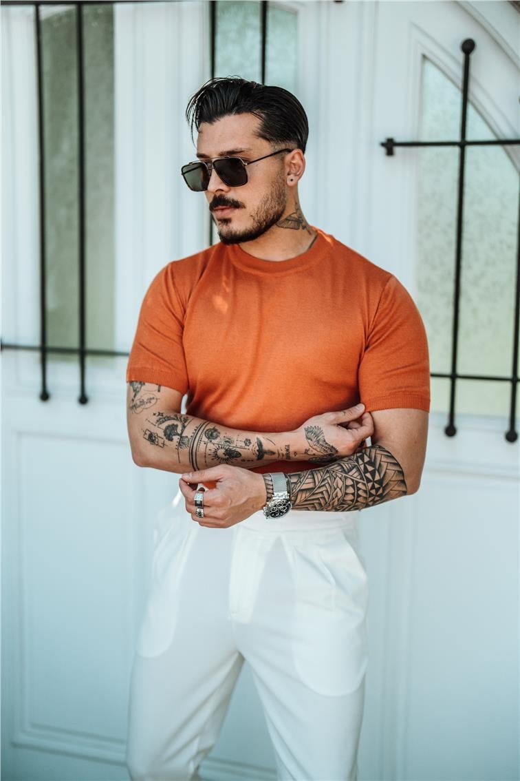 Basic Triko Slim Fit T-Shirt Turuncu