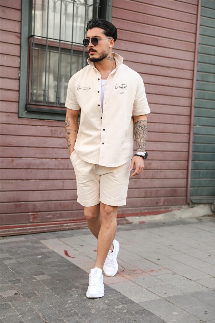 Baskı Detaylı Oversize Gömlek Krem