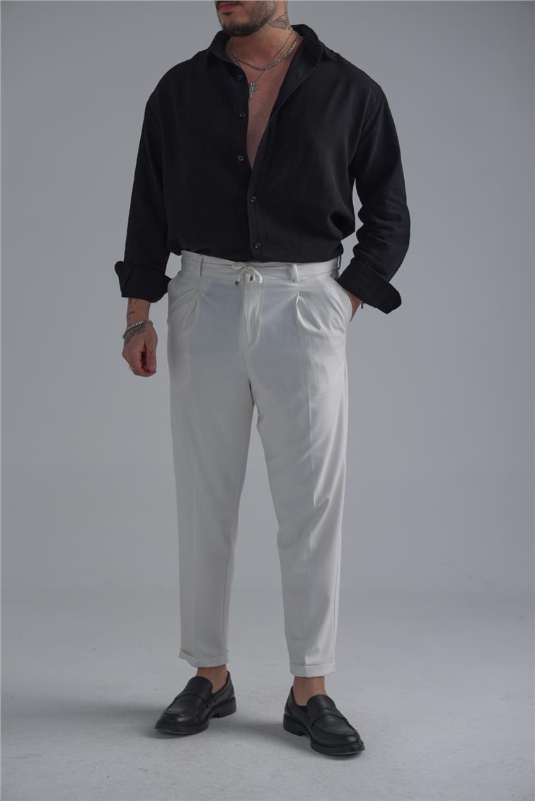 Bel Bağlamalı İtalyan Kesim Pantolon Beyaz