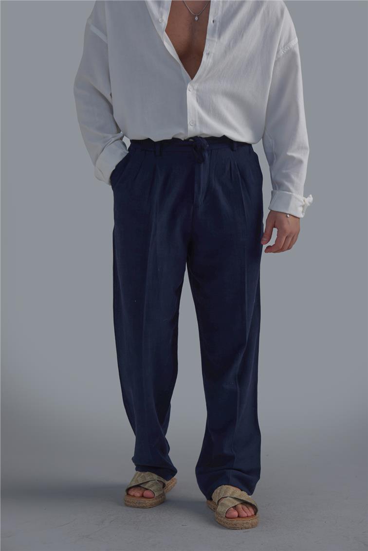 Bel Bağlamalı Keten Baggy Lacivert