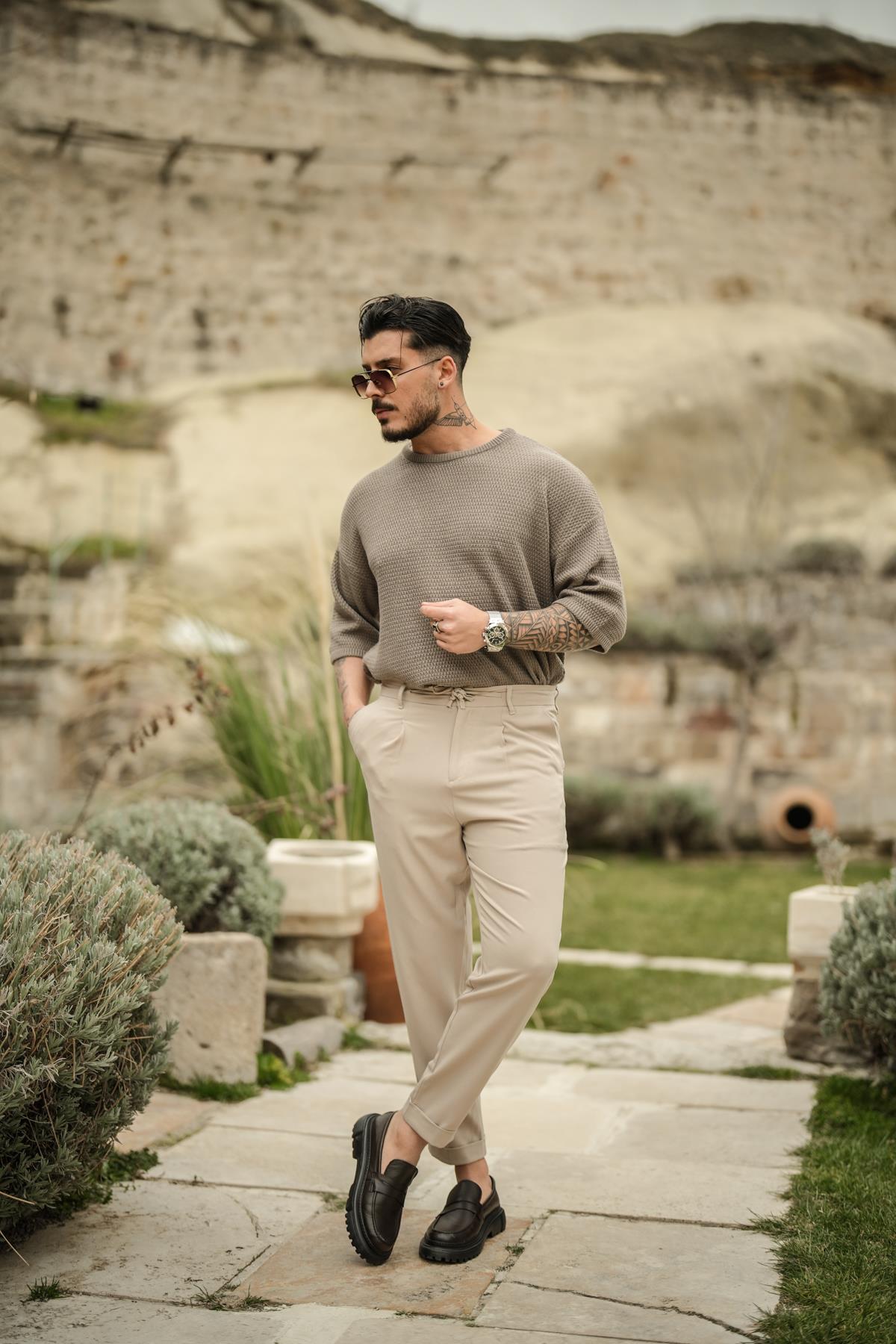 Bel Bağlamalı Klasik Kalem Pantolon Bej