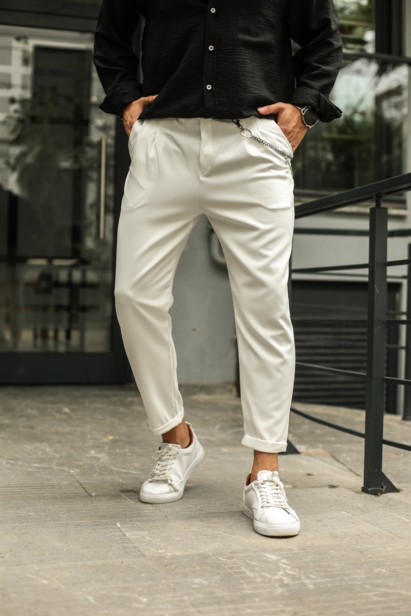 Bel Detaylı Double Paça Kumaş Pantolon Beyaz · 4